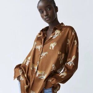 Zara satin effect tiger print button down blouse size S